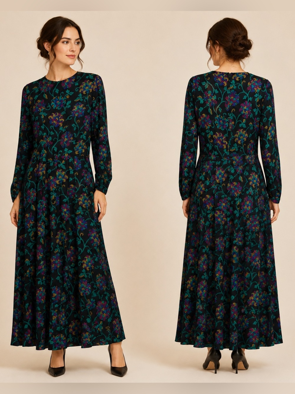VNTG 80/90’s Whimsigoth  Floral Maxi Dress Long  Sleeve Liz Claiborne A Line M